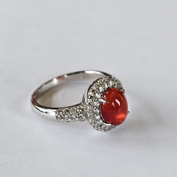 Genuine Mexican Fire Opal & White Zircon Ring in Sterling Silver Sz 8! - Picture 2 of 6